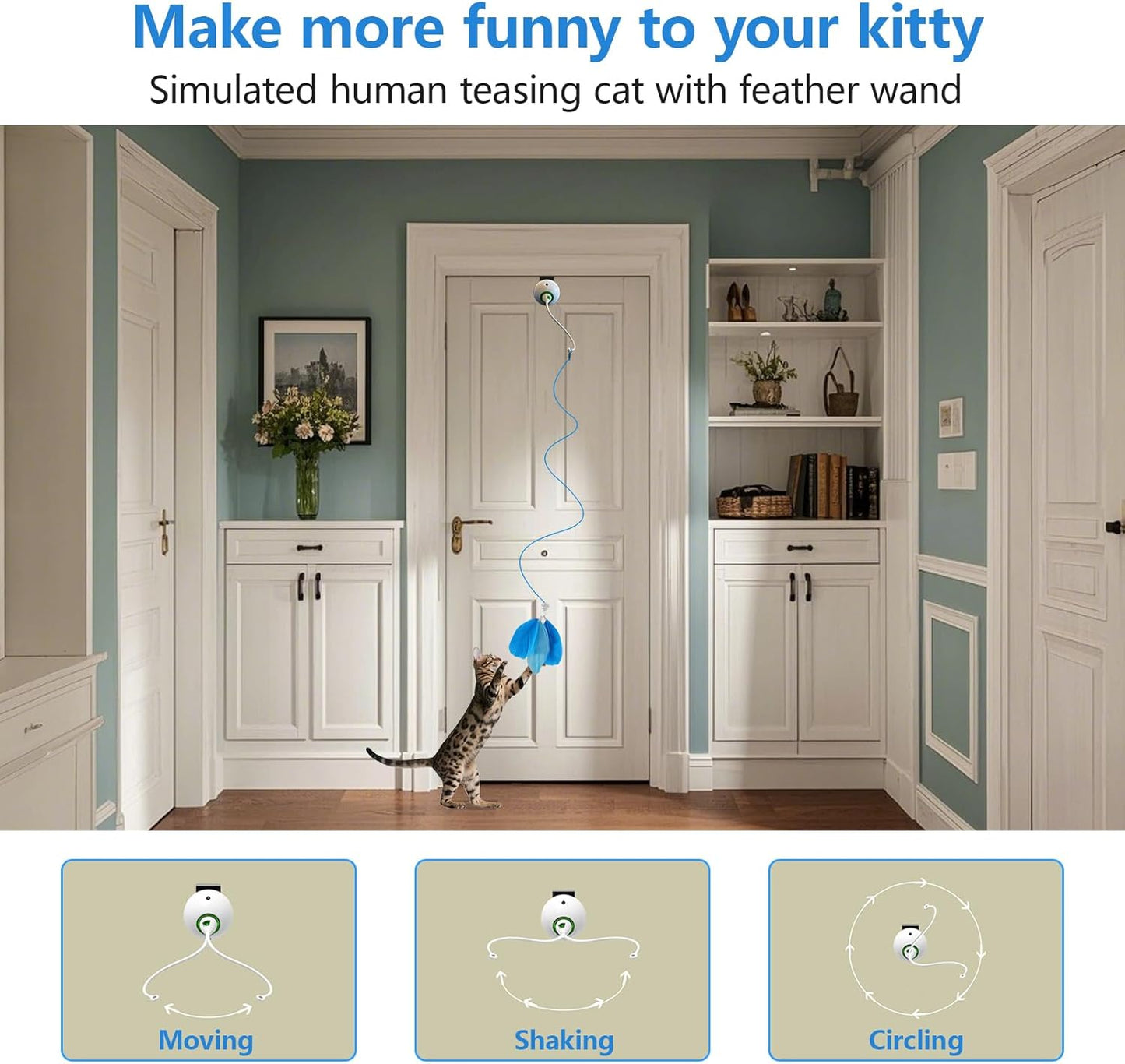 Cat Toys Interactive for Indoor, Cats Toy Hanging Door Electric for Bored, Feather Toy Kitten Rechargeable Door Hanging Automatic String with 4pcs Feather Toys, White