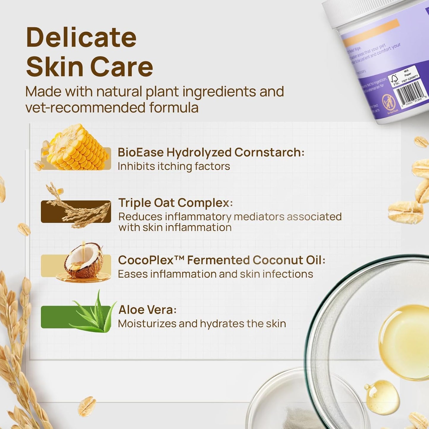 HICC PET Itch Relief Wipes for Dogs & Cats, Rapidly Relieves Itching, Soothes Hot Spots and Skin Irritations, Hypoallergenic Hot Spot Treatment Cleaning Wipes, Alleviate Dry Itchy Skin - 100 Count