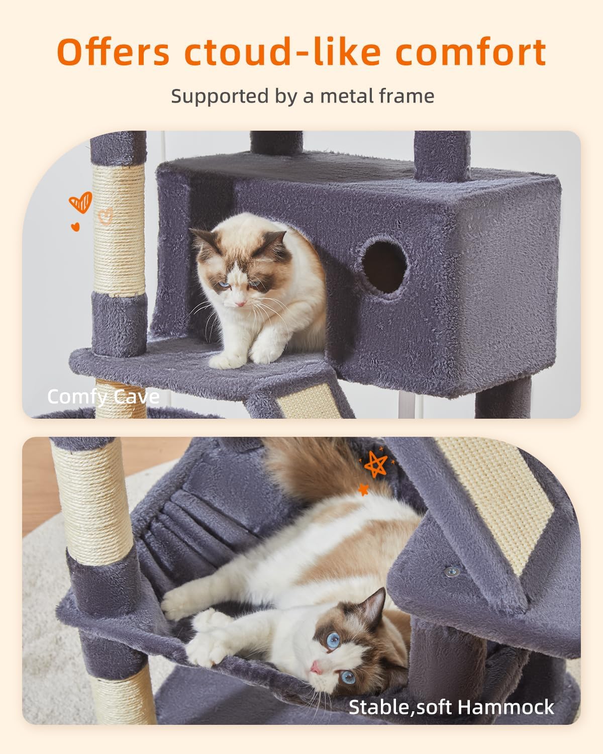 Taoqimiao Cat Tree 57.5-Inch, Cat Tower for Indoor Cats Large Adult, Extra Large Cat Condo, 8 Sisal Scratching Posts, Metal Frame Cozy Hammock, Durable Scratch Board, 2 Top Perches, Smoky Gray MS026G