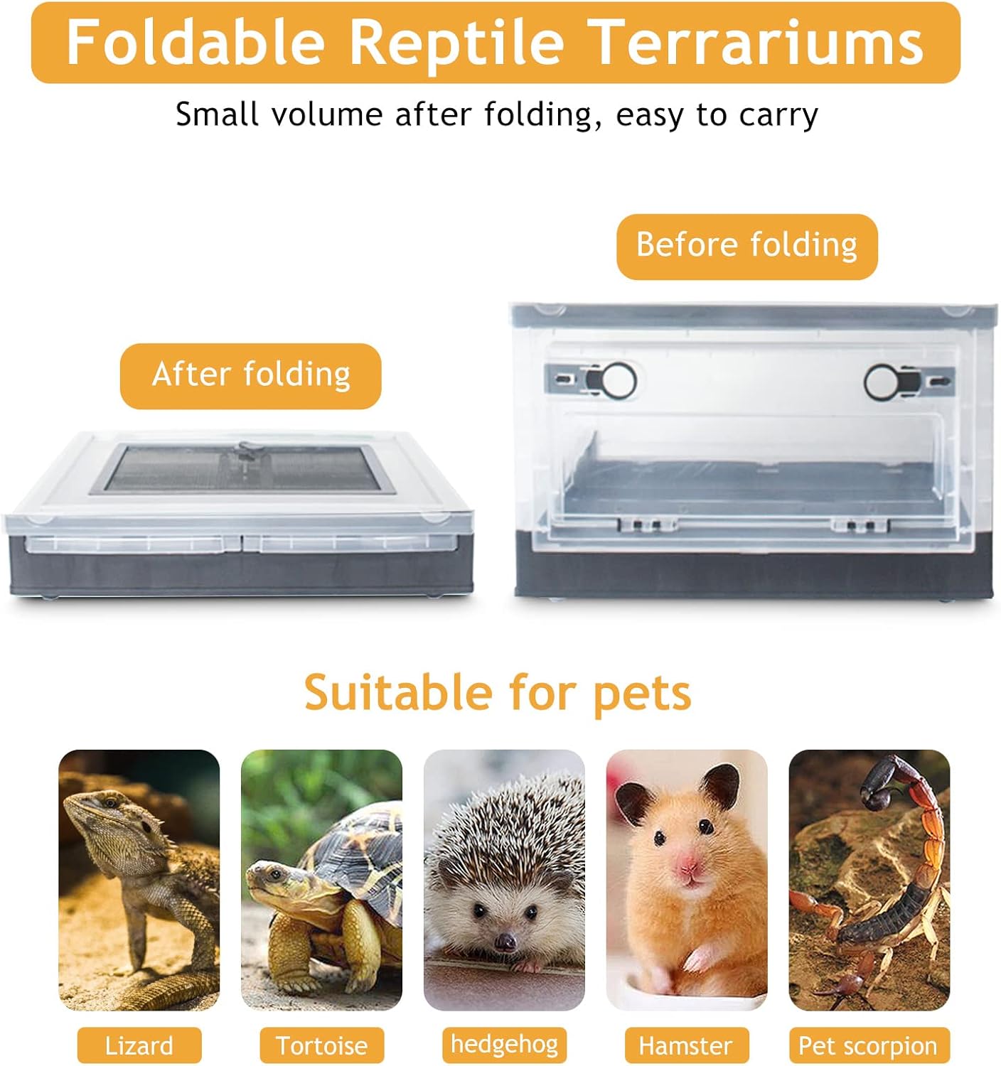 Foldable Reptile Terrariums Kits with Plant, Feeding Bowl, Carpet, Easy to Carry, Easy to Move with Wheels, Heat-Resistant Material, Suitable for Lizard Tortoise Leopard Gecko (Black)