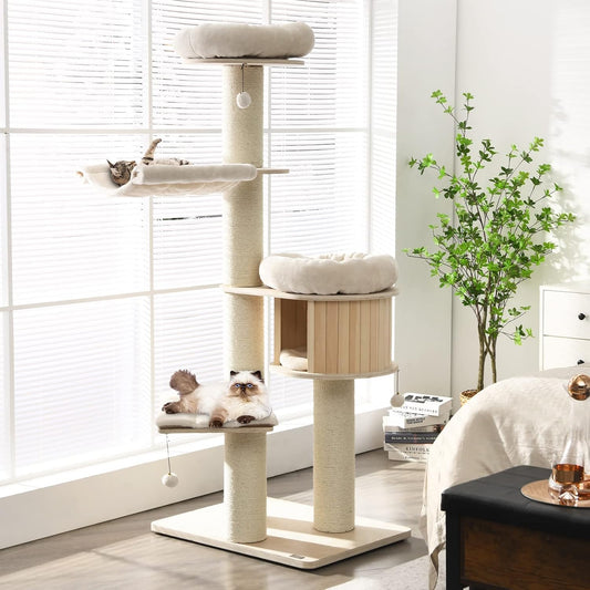 Tangkula Modern Cat Tree, Multi-Level Large Cat Tower with Condo, Hammocks & Hanging Basket, Tall Cat Tree with Sisal Posts, Washable Cushions, Wood Cat Trees and Towers for Indoor Large Cats