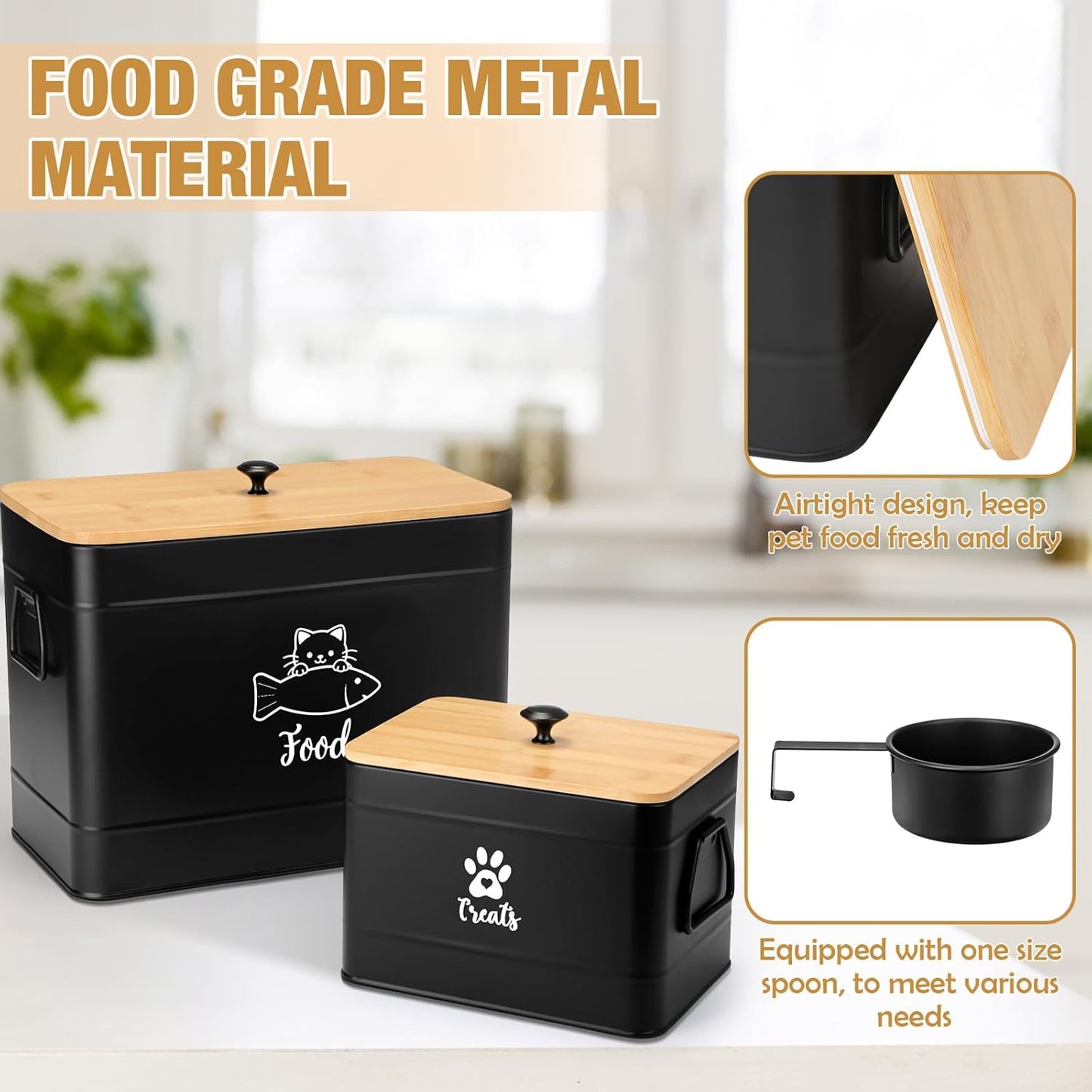 Extra Large Metal Cat Food Containers Airtight 12+3.5 lbs Cat Treat Snack Jars Set of 2 with Bamboo Lids and Spoons Farmhouse Big Pet Cookie Storage Jars for Kitchen Counter Gifts(Black)