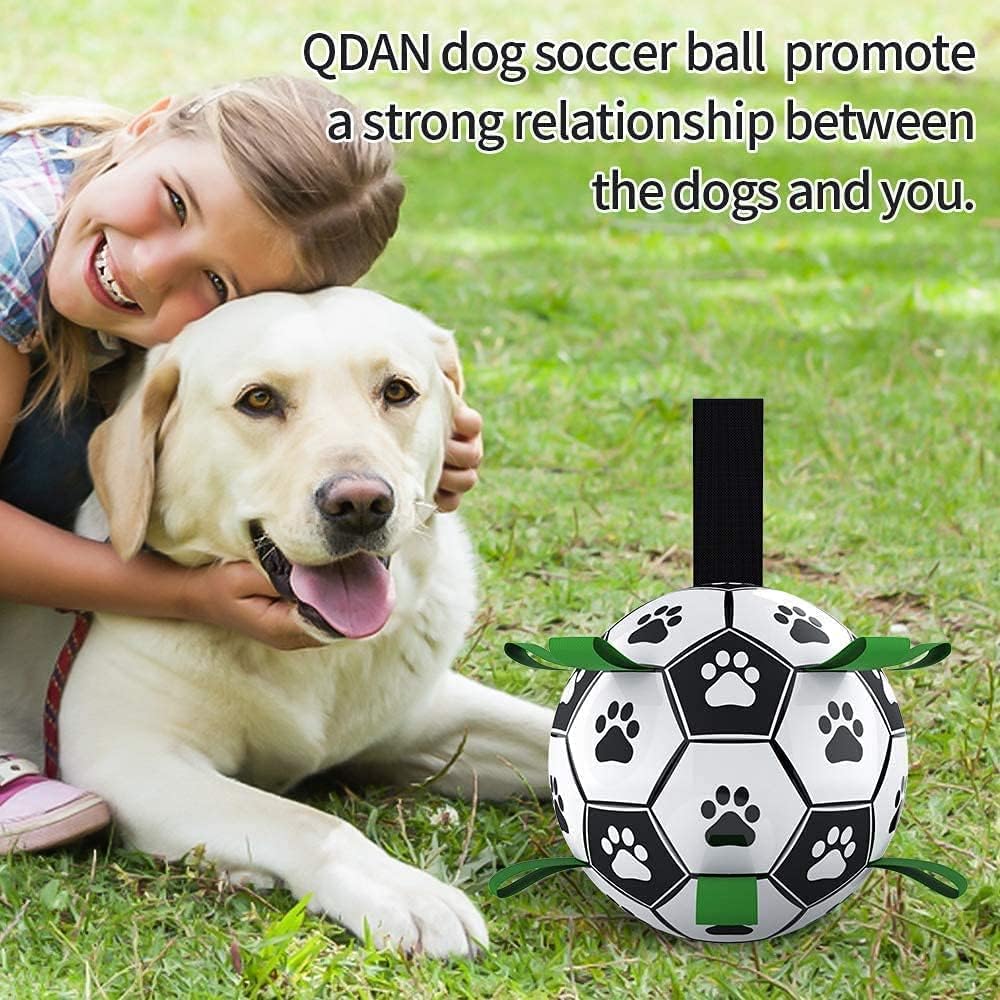 QDAN Dog Soccer Balls Toy with Bell Inside, Outdoor Interactive Toys for Tug of War, Puppy Birthday Gifts, Water Toy, Durable Ropes Squeaky Ball for Small Medium Dogs （6 INCH）
