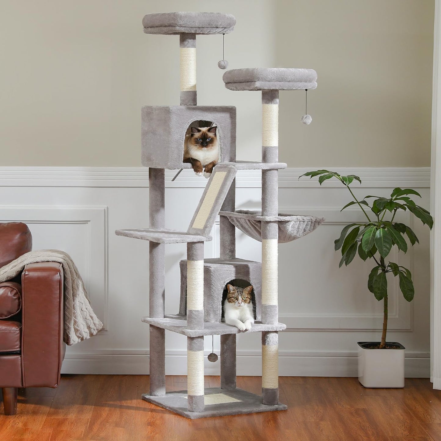 PAWZ Road 70 Inch Cat Tower, Tall Cat Tree with 2 Cozy Condos, 2 Plush Perch, Large Basket, 2 Scraching Pad & 6 Scraching Posts for Indoor Cats Large Adult, Gray