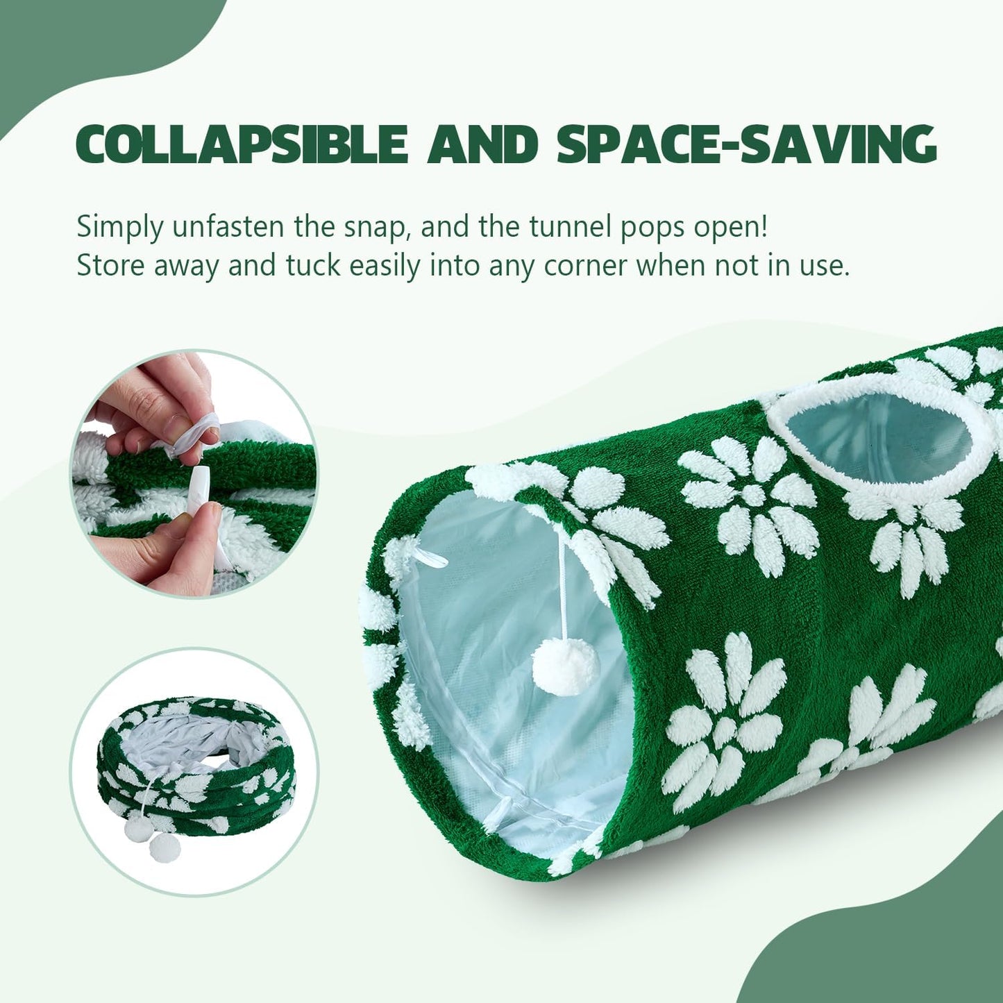 Straight Cat Tunnel for Indoor Cats 47"x12", Cute Cat Toys Collapsible Tunnel Tube with Balls for Puppy Kitten Rabbit, Green Flower