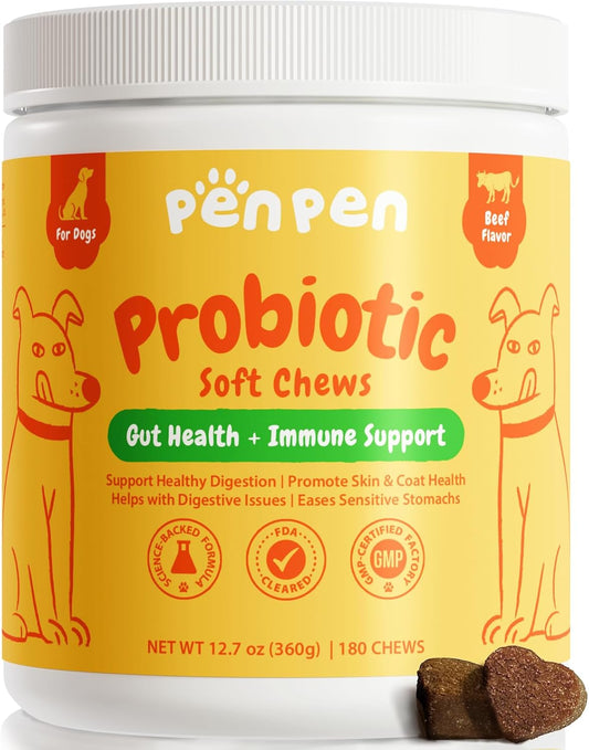 Penpen Probiotics for Dogs, Dogs Probiotics for Digestive Health, Multi-Probiotic and Enzyme Blend Promote Gut Health & Immune Support, Eases Sensitive Stomachs (Beef Chews, 180ct)