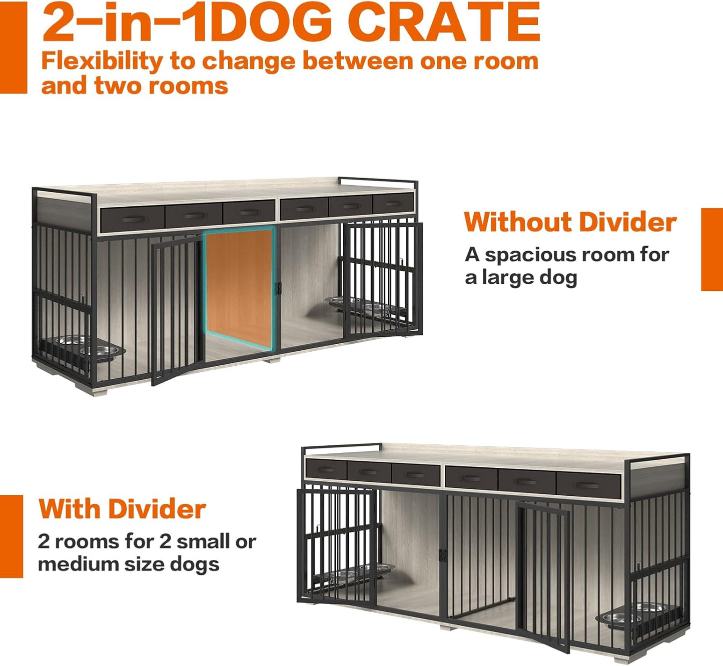 86.6inch Dog Crate Furniture with Storage,Furniture Style TV Stand Dog Kennel for 2 Dogs,with 6 Drawers,Removable Divider&Adjustable Bowls,Heavy Duty Metal Chew-Resistant Dog Crate Furniture