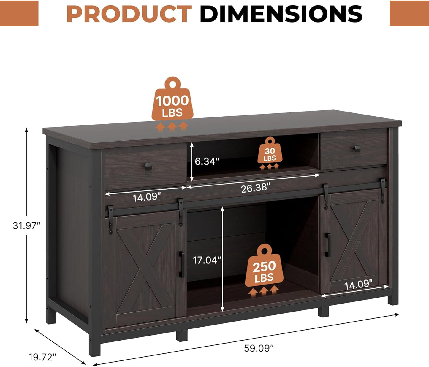 Miereirl 75-120 Gallon Fish Tank Stand with Power Outlet – Heavy Duty Aquarium Stand, Rustic Farmhouse Style, 1000 lb Capacity, Adjustable Storage & Sliding Barn Doors, Dark Brown