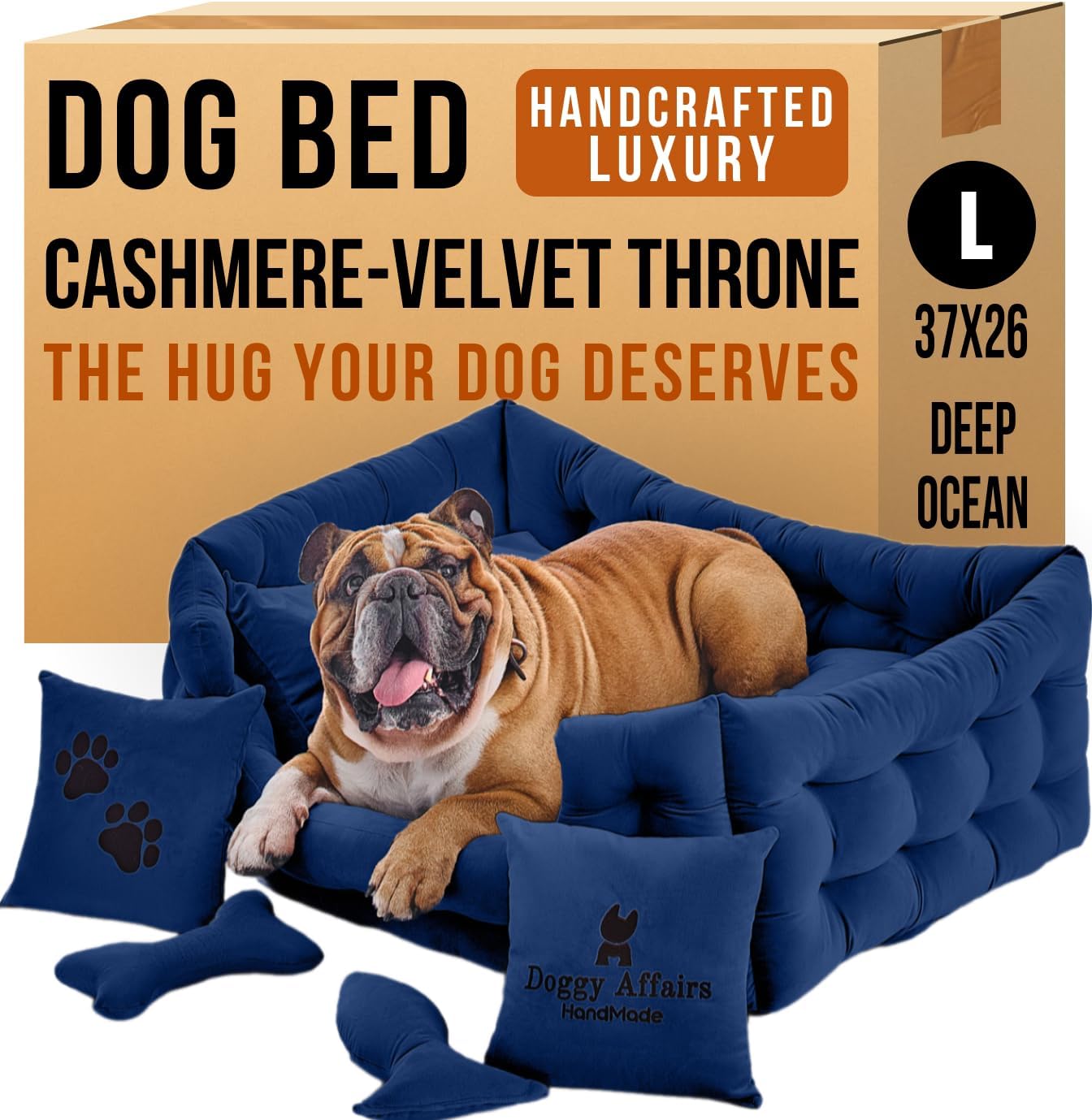 Luxury Dog Bed Chesterfield – Handcrafted Velvet Throne for Dogs | Joint Support, Calming & Temp-Regulating Comfort | Durable 5+ Years, Anti-Claw, Washable 100+ Times – L, Blue
