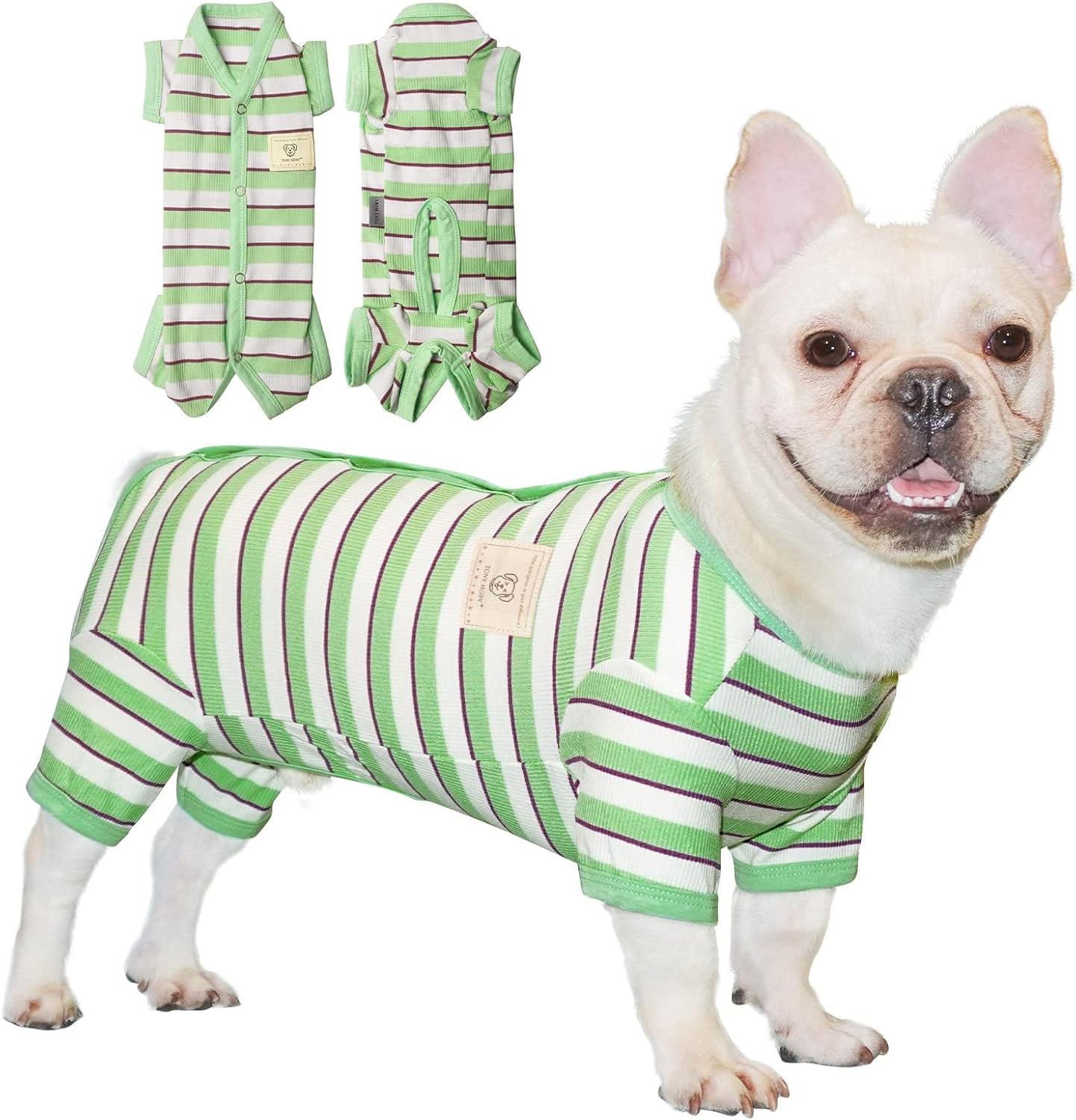TONY HOBY Dog Pajamas, Male Dog Jumpsuit with Green Stripe, Dogs Clothes for Small Medium Size Dogs (Green&White, Boy, XL)