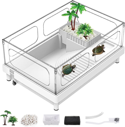Small Turtle Tank, Aquarium, Acrylic Terrarium with Basking Platform, Bottom Drainage, Multi-Function Areas for Turtles, Crabs, Crayfish, Reptiles.