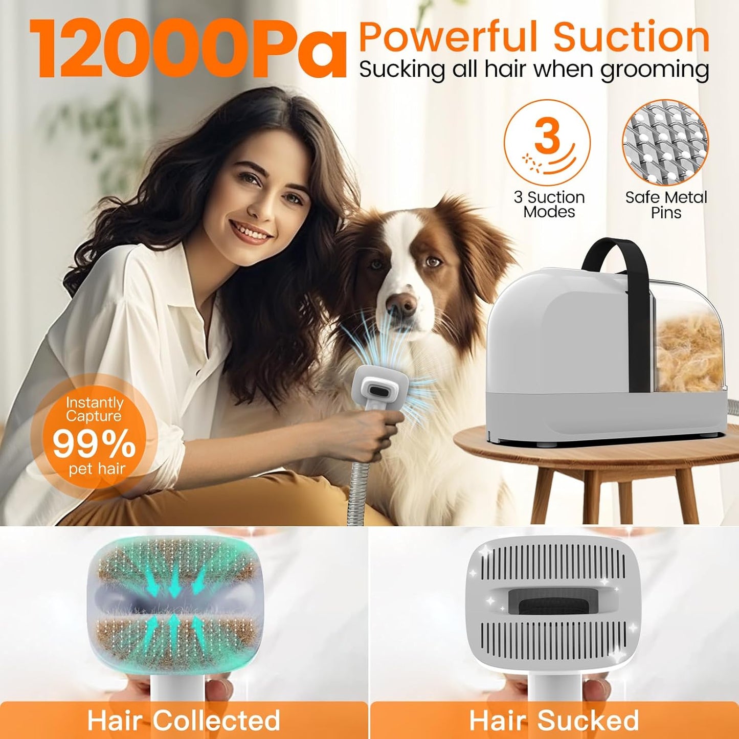 Dog Grooming Vacuum, Dog Grooming Kit with Pet Clippers, 12,000Pa Pet Hair Grooming Vacuum for Dogs, Vacuum Brush for Shedding Grooming, Low Noise Home Cleaning Tool in 1, PG10 Black