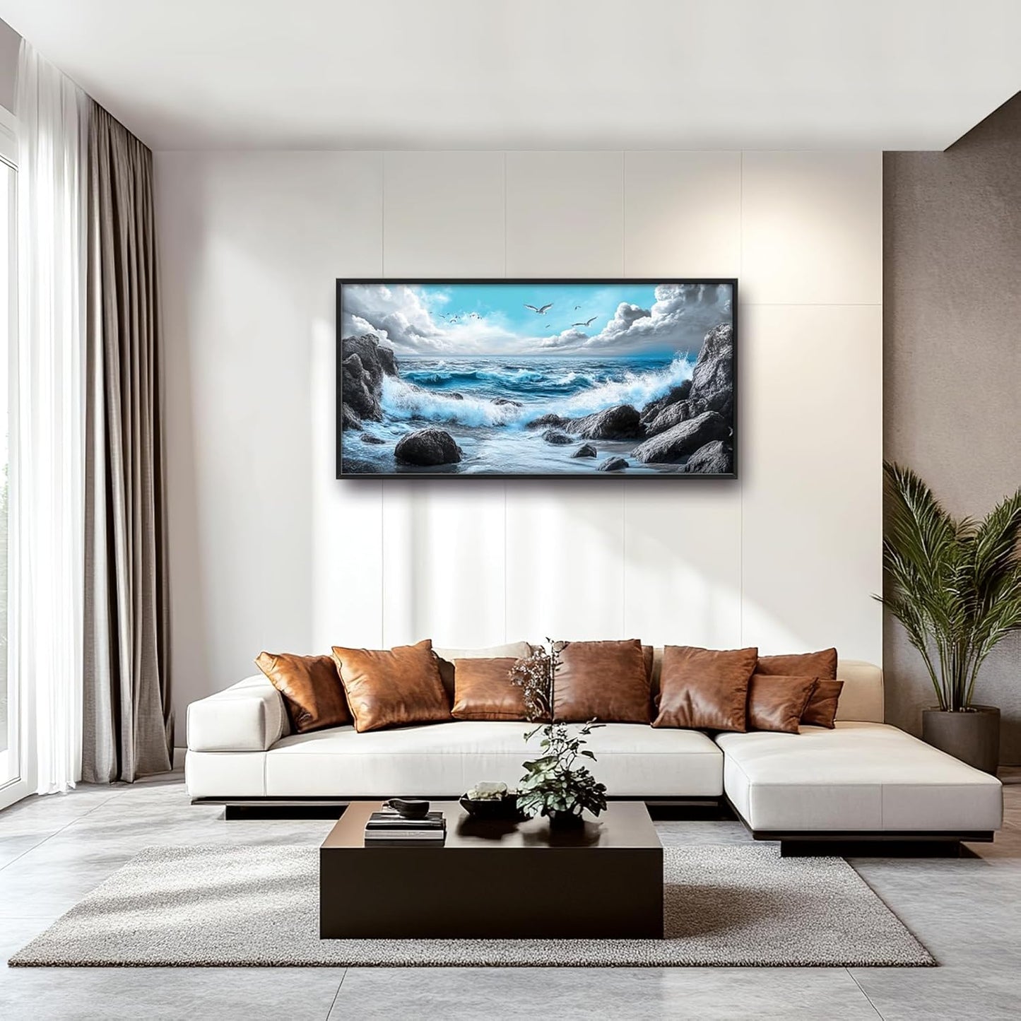 Extra Large Framed Abstract Sea Ocean Wall Art,Black and White Wall Decor, Coastal Seashore Pictures for Living Room,Canvas Print Painting Modern Artwork Bedroom Office Bathroom 60L x 30W