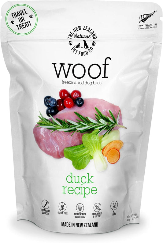 Woof Freeze Dried Dog Food - Duck Recipe, High Protein, Complete Diet, Dog Treats, All Life Stages - 1.76 oz
