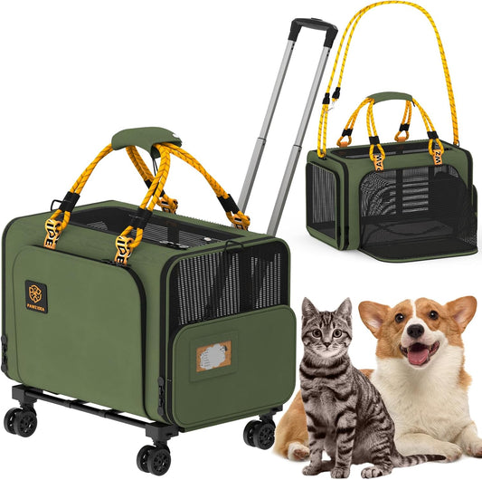 PAWZIDEA Expandable Pet Carrier with Wheels, 24x16x16in Large Cat Carrier for 2 Cats, Soft-Sided Dog Carriers for Small Medium Dog, Collapsible Rolling Travel Bag w/Telescopic Handle, XL Stroage Bag