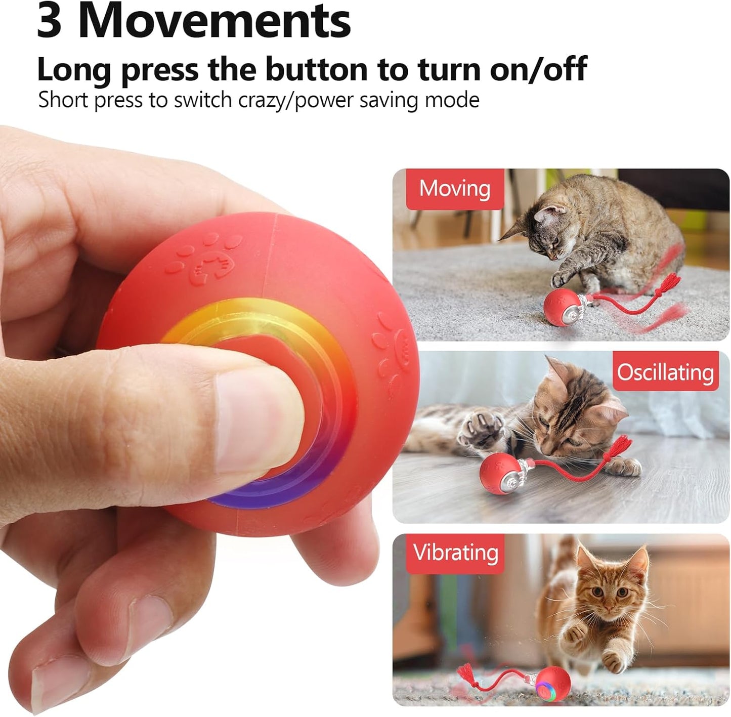 Interactive Cat Toys, Automatic Moving Cat Toys for Bored Indoor Adult Cats, Fast Rolling, Chirping & Motion-Activated Kitty Toys, Fun Gift for Cats with Speedy Tail 2.0, USB Rechargeable,Red