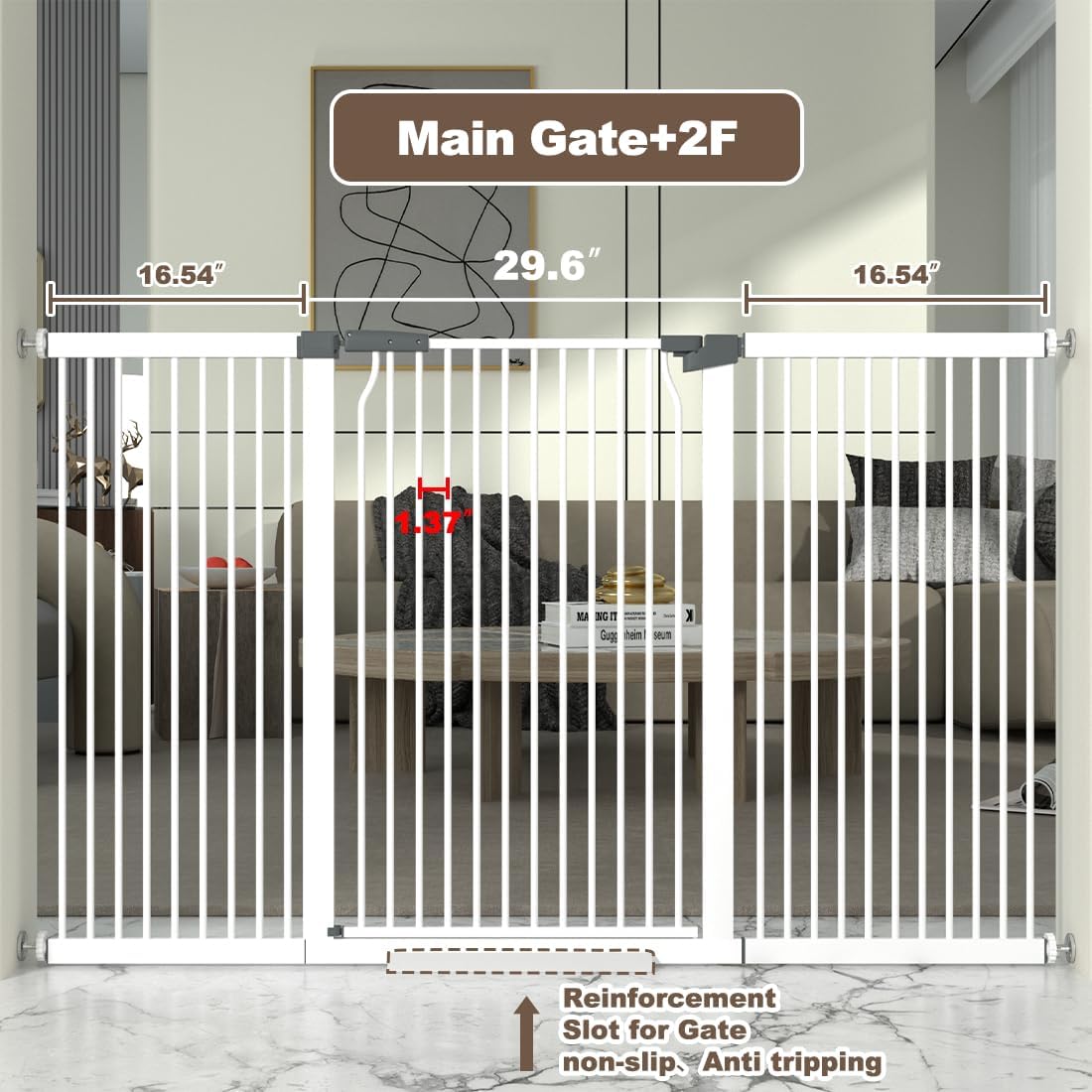 41" Extra Tall and Wide Baby Gate, 63-65.7'' Wide Pet Cat Gate for Doorway, Extra Wide Pressure Mounted Child Door with Expansion Kit, Metal Safe Gate, Tall Dog Gate, White