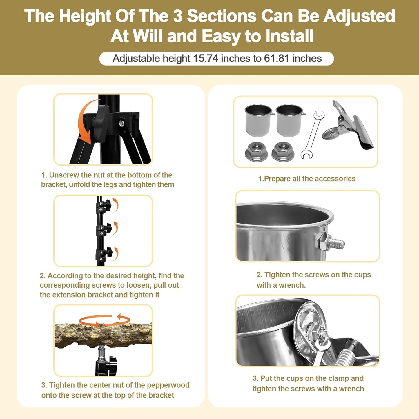 16-63 Inch Height Adjustable Bird Perch Pepper Wood Parrot Training Perch Stand with Feeding Cups and Swing Toy Parakeet Perches Indoor and Outdoor Parrot Stands for Small to Medium Bird