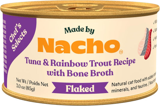 Made by Nacho Flaked Filets Recipe in Bone Broth, Grain-Free Chef's Selects Wet Food for Cats Balanced Diet in Naturally Hydrating Pumpkin-Infused Broth (3.0 oz (Pack of 12), Tuna & Rainbow Trout)