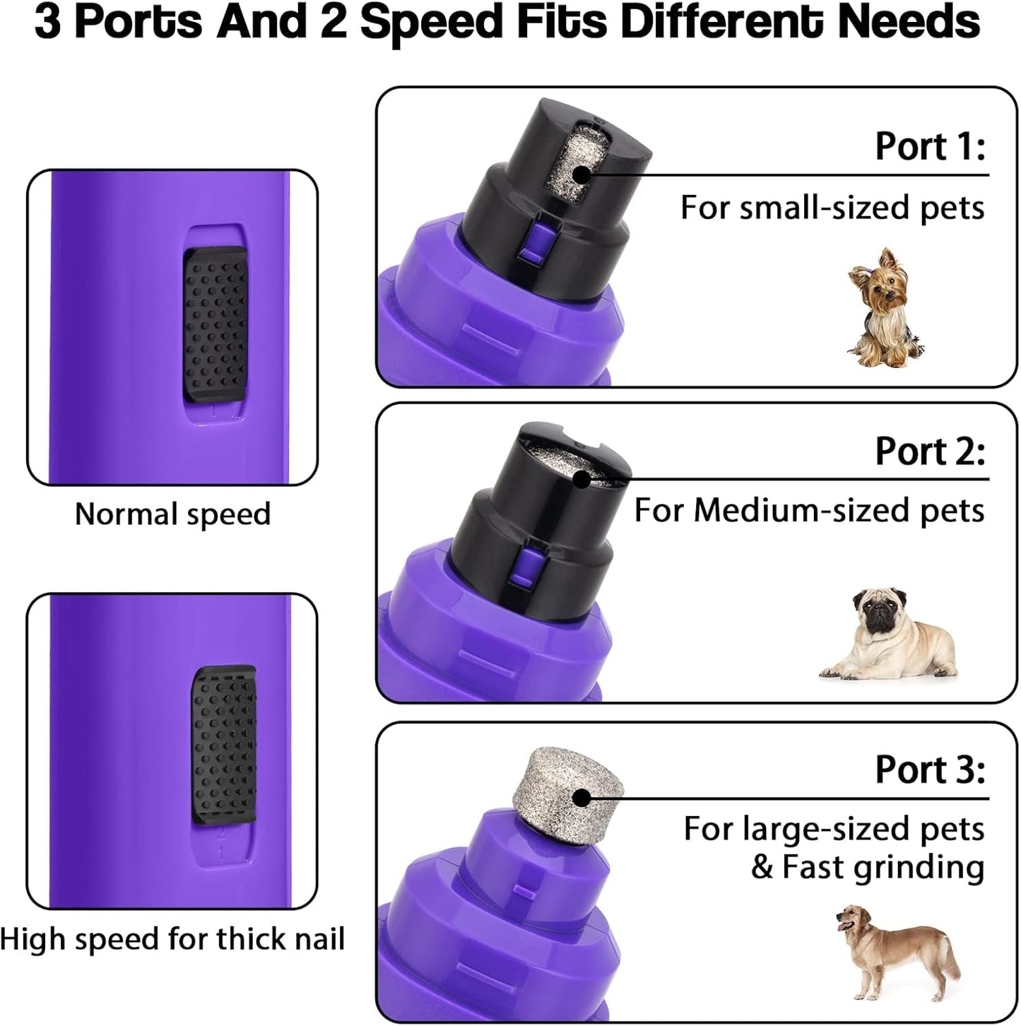 Casfuy Dog Nail Grinder Upgraded - Professional 2-Speed Electric Rechargeable Pet Nail Trimmer Painless Paws Grooming & Smoothing for Small Medium Large Dogs & Cats (Purple)