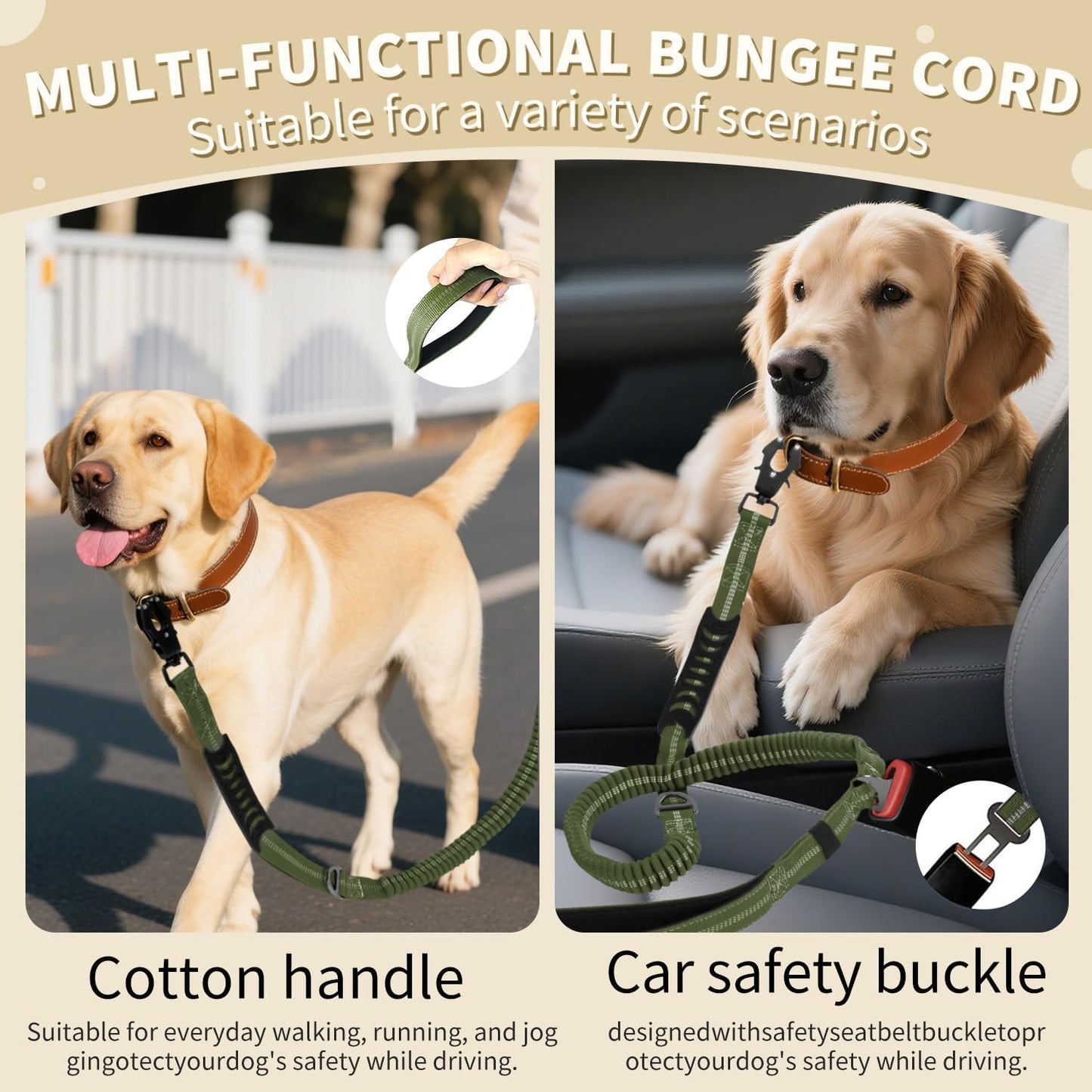 Heavy Duty Tactical Bungee Dog Leash, 4-6FT Shock Absorbing Tactical Dog Leash with 2 Padded Handles, Metal Carabiner Clip, Car Seatbelt, Reflective for Medium Large Dogs (ArmyGreen)