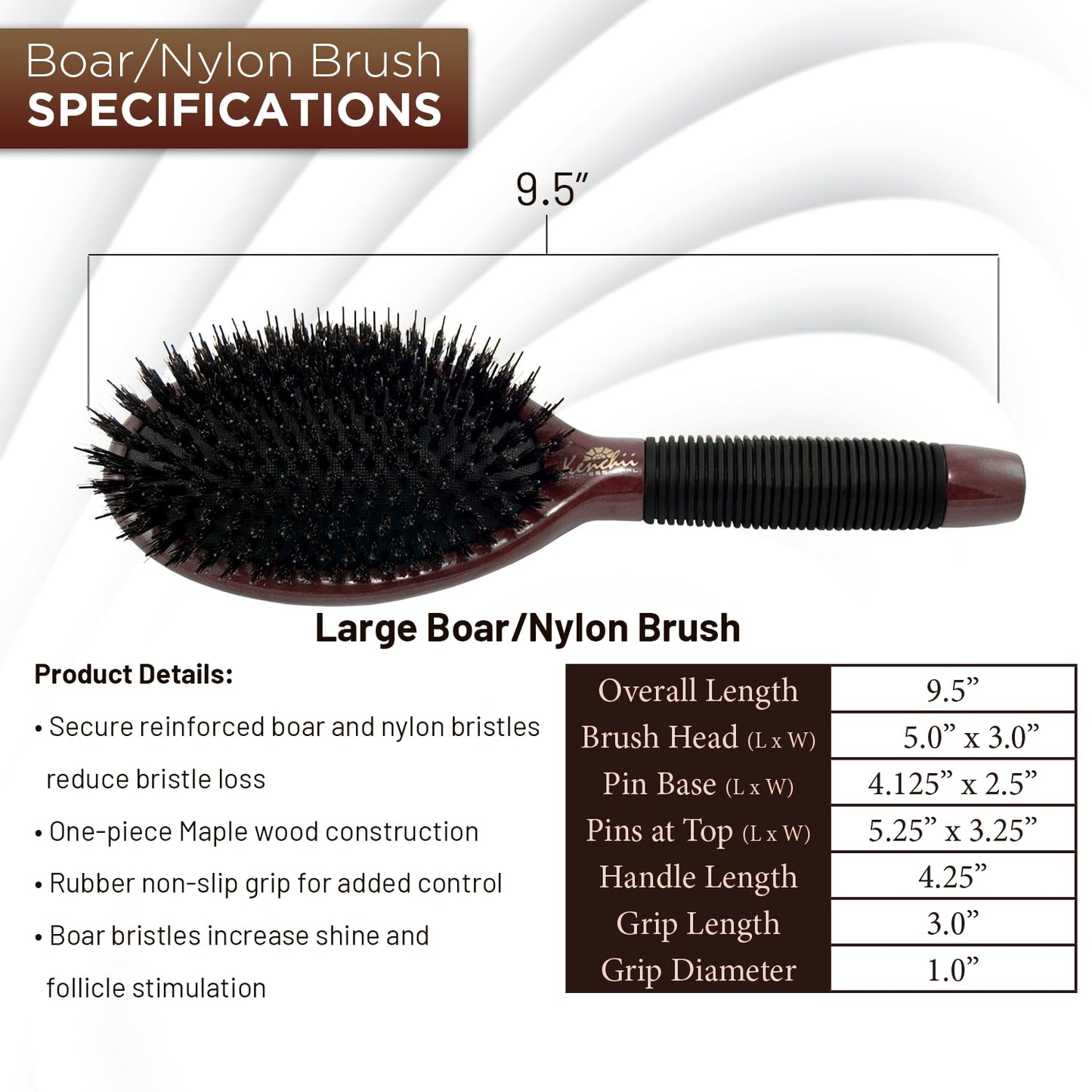 Kenchii Boar and Nylon Bristle Dog/Cat Grooming Brush with One-Piece Maple Body-Choose Size Large, Small (Large)