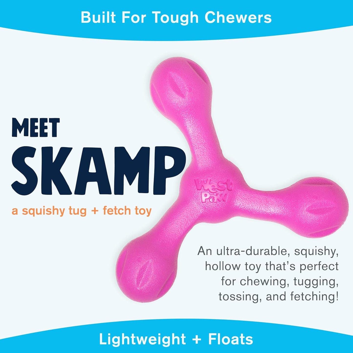 WEST PAW Zogoflex Air Skamp Tug-of-War Stick Dog Chew Toy – Hollow, Squishy Interactive Toy for Dogs, Puppies – for Chewing, Catch, Carry, Fetch, Dishwasher Safe, Latex-Free, Large 8.5", Hot Pink