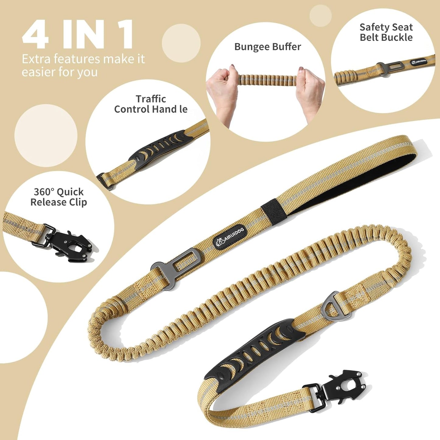 Heavy Duty Tactical Bungee Dog Leash, 4-6FT Shock Absorbing Tactical Leash with 2 Padded Handles, Metal Carabiner Clip,Car Seatbelt, Reflective Dog Leashes for Medium Large Dogs (Brown)