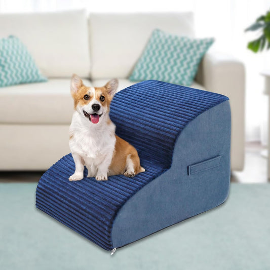High Density Foam Dog Stairs Steps, 13.7’’ Non-Slip Extra Wide Deep Pet Steps for Beds Or Couches, for Injured or Older Pets Dogs and Cats with Joint Pain, 2-Tiers (Navy Blue)