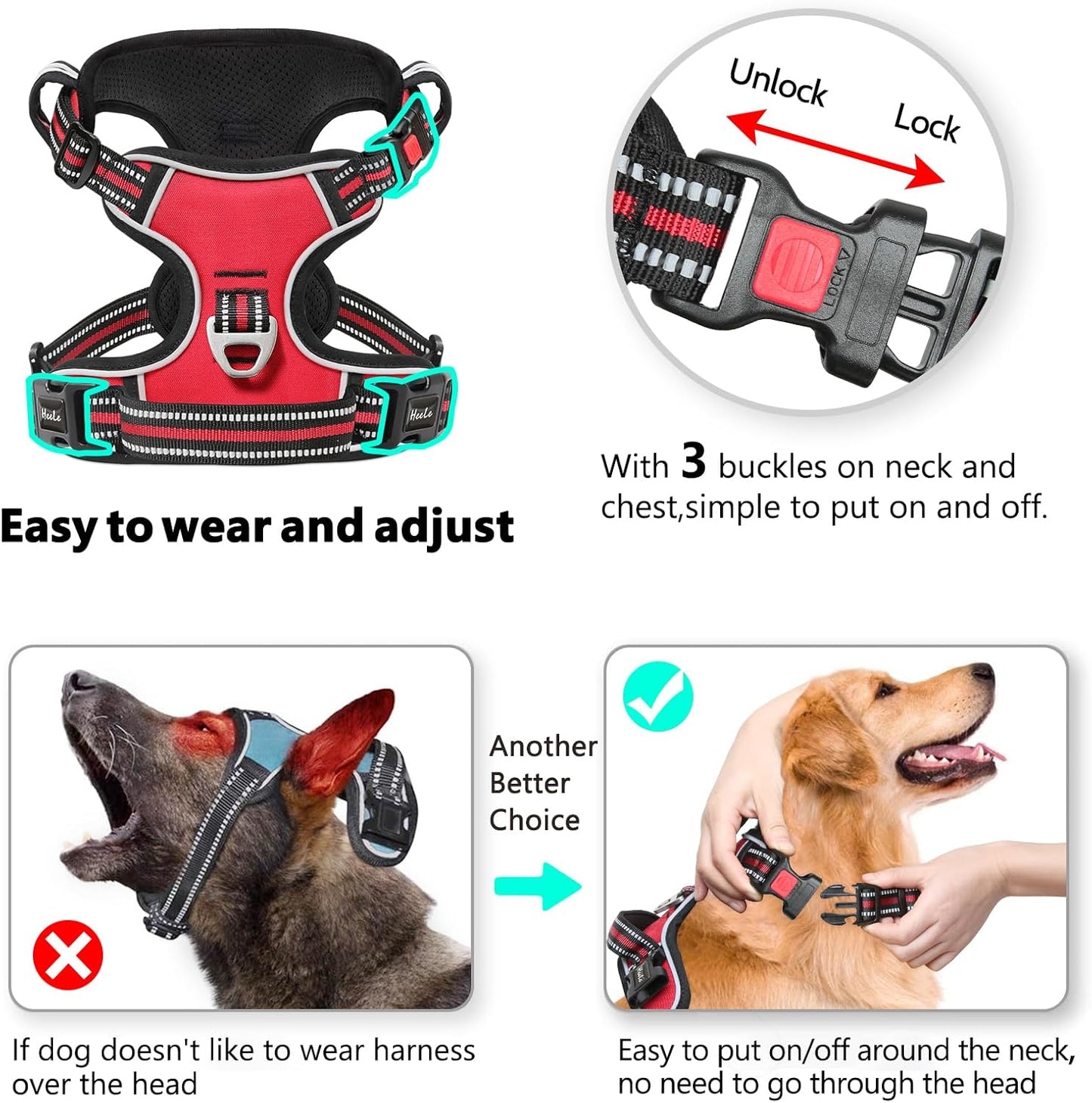 Timos Dog Harness,NO Need Go Over Dogs Head 3 Snap Buckles Pet Harness with 2 Leash Clips,Adjustable Soft Padded No-Pull,Reflective No-ChokeOxford Vest for Small Medium Large Dogs,X-Large (Pack of 1)