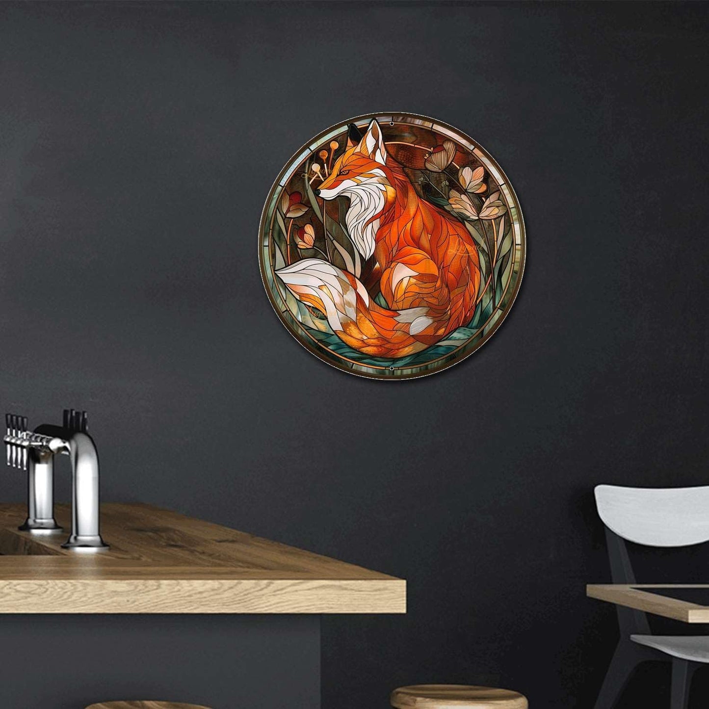 Lygond Metal Sign Tin Sign Circular Stained Glass Red Fox Funny Garden Signs for Garden 8×8 Inches