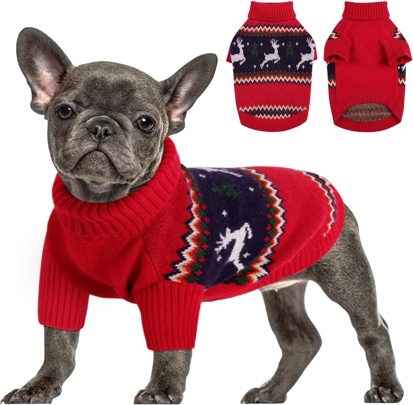 Queenmore Christmas Sweater, Knitted Pullover Turtleneck Outfit for Dogs, Warm Clothes for Small Boys or Girls XS