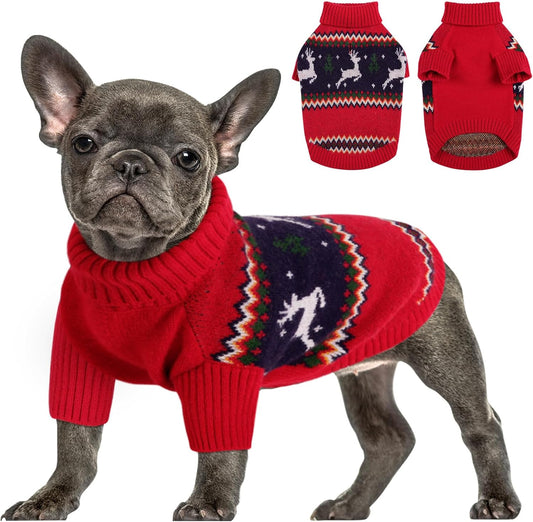 Queenmore Christmas Dog Sweater,Knitted Pullover Christmas Clothes,Turtleneck Dog Xmars Outfit, Warm Pet Sweaters for Small Dogs Boys or Girls M