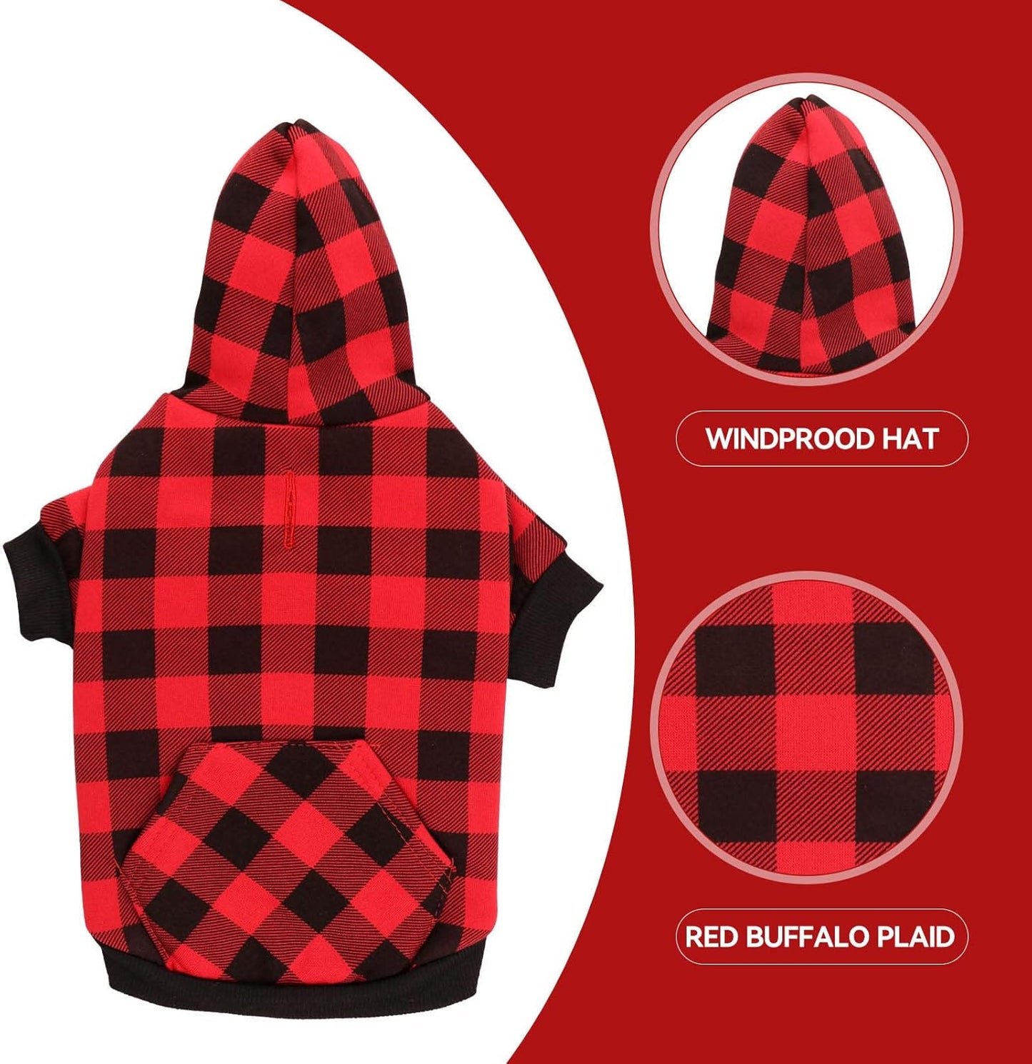 Dog Hoodie Sweater Red Buffalo Plaid Pet Clothes Warm and Soft Breathable Cozy Pet Hoodies for Large Dogs Dog Sweaters for Extra Large Dogs with Pocket(XXL)