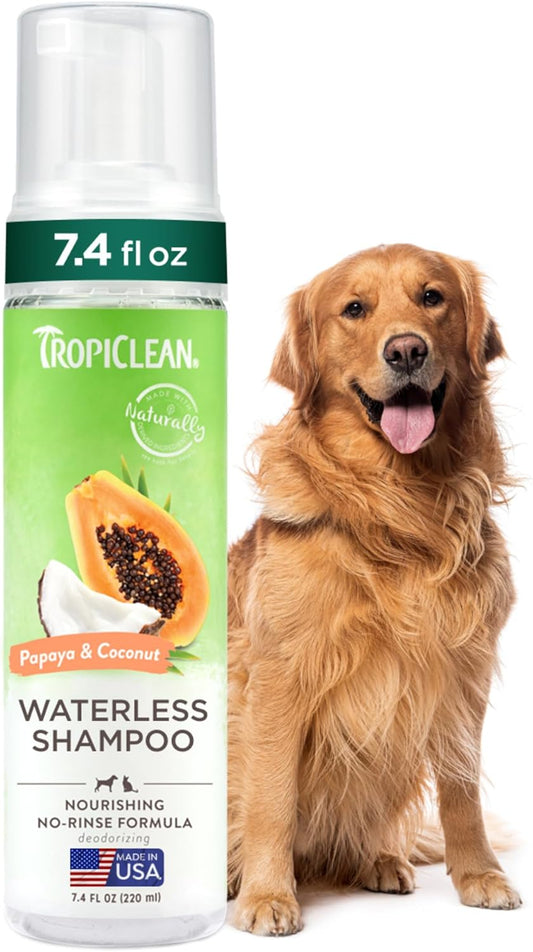 TropiClean No Rinse Waterless Dog Shampoo | Detangling & Deodorizing Dry Shampoo for Smelly Pets | Moisturizes Dry Skin | USA Made | Papaya Scent | 7.4oz
