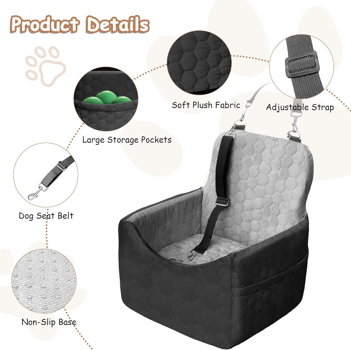 Dog Car Seat for Small/Medium Dogs - Dog Booster Seat with Safety Straps & Non-Slip Base, Travel Pet Car Seat with Storage Pockets, Washable & Removable, Suitable for Dogs Under 35 lbs (Black&Gray)