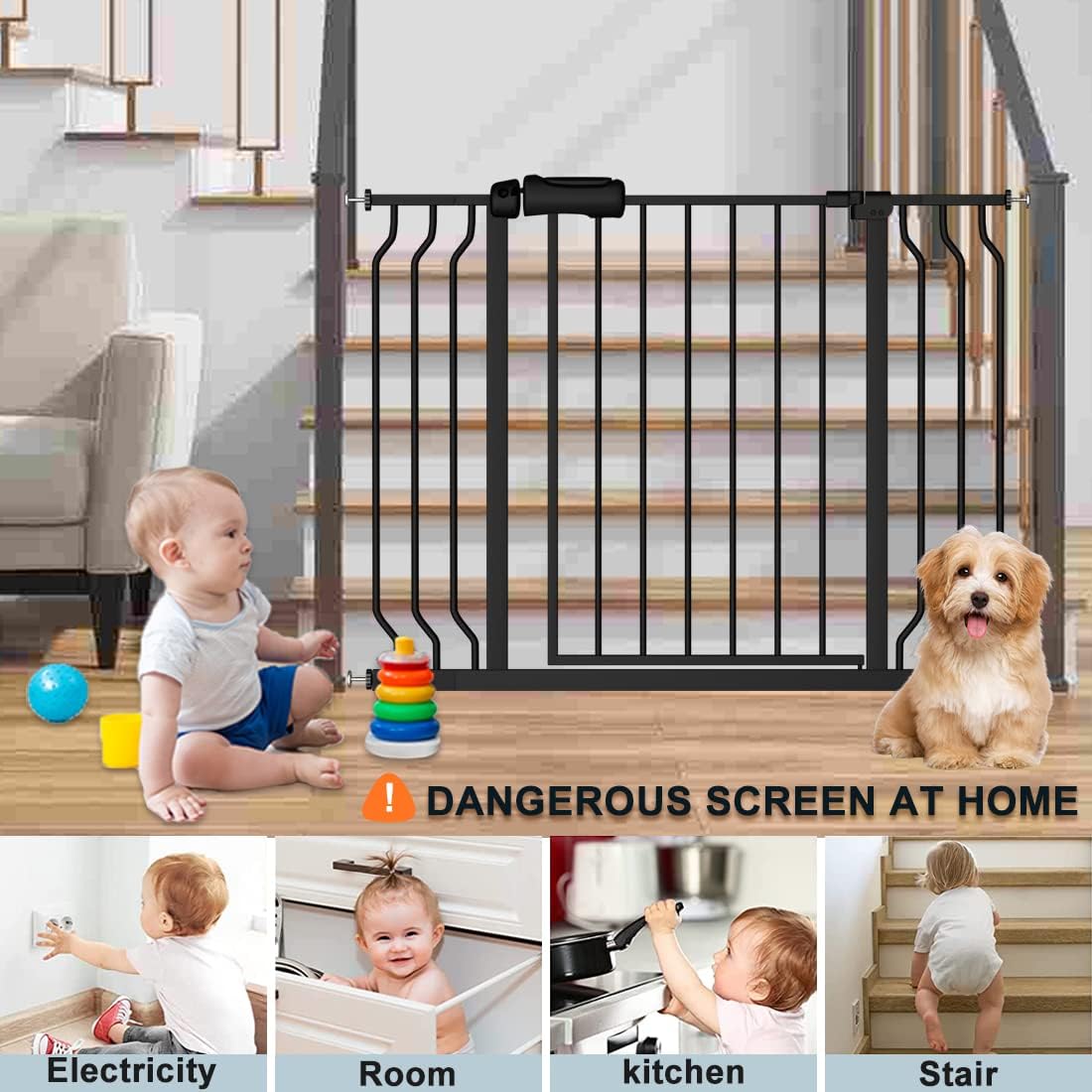 Black Baby Gate 29-34 Inch Wide Walk Through Pressure Mounted Safety Gate with Door No Drill Tension Metal Gate for Dog Cat and Toddler