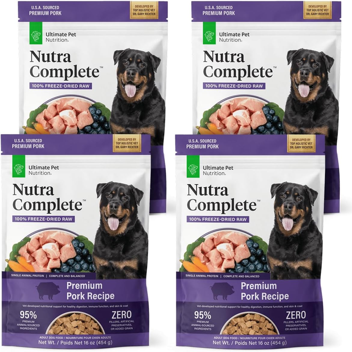 ULTIMATE PET NUTRITION Nutra Complete, 100% Freeze Dried Veterinarian Formulated Raw Dog Food with Antioxidants Prebiotics and Amino Acids, (1 Pound (Pack of 4), Pork)