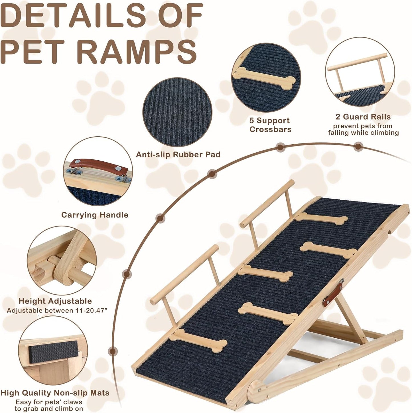 Dog Ramp for Bed Couch Extra Wide Folding Pet Ramps for Large Dogs to Get on Bed, Portable Doggie Steps 6 Adjustable Height 27.3”, 47.3" Long
