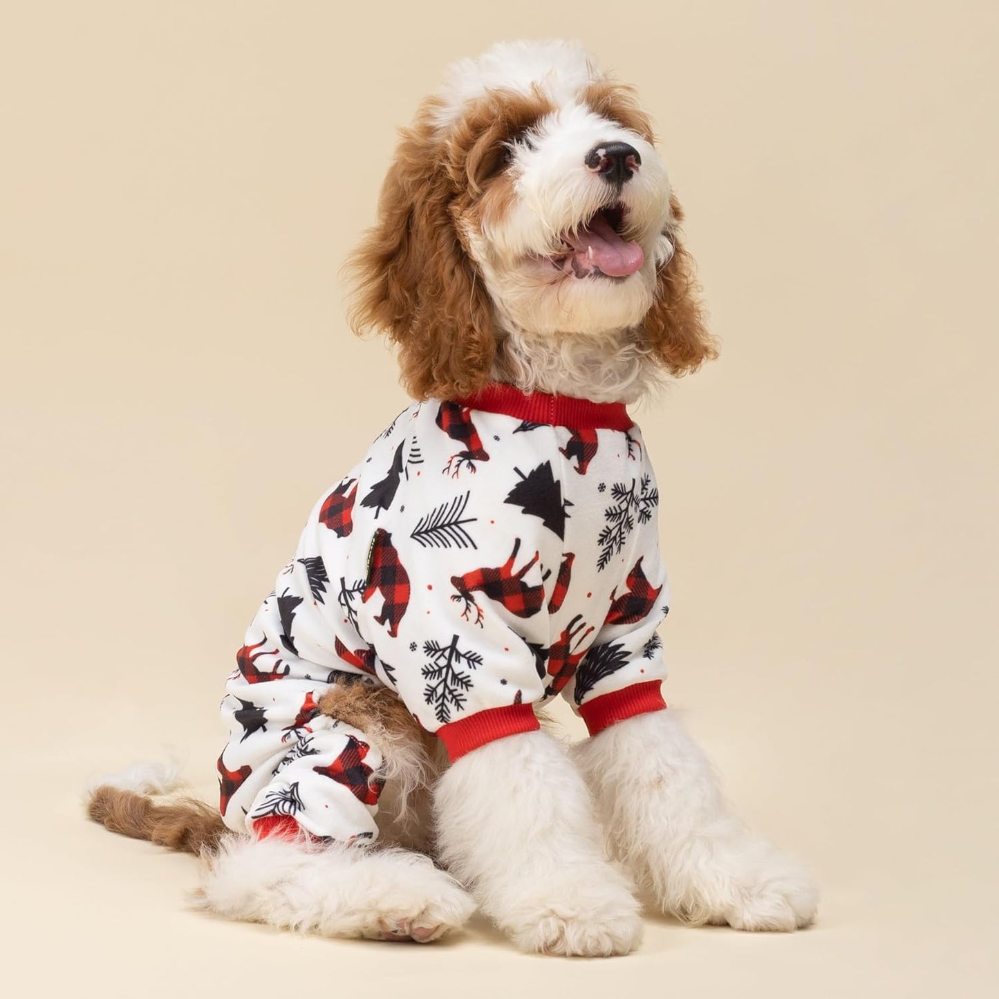 Fitwarm Reindeer Dog Christmas Pajamas, Winter Doggy Clothes for Small Dogs Boy Girl, Fleece Dog Onesie with Feet, Holiday Pet Outfit, Black, White, Red, Medium