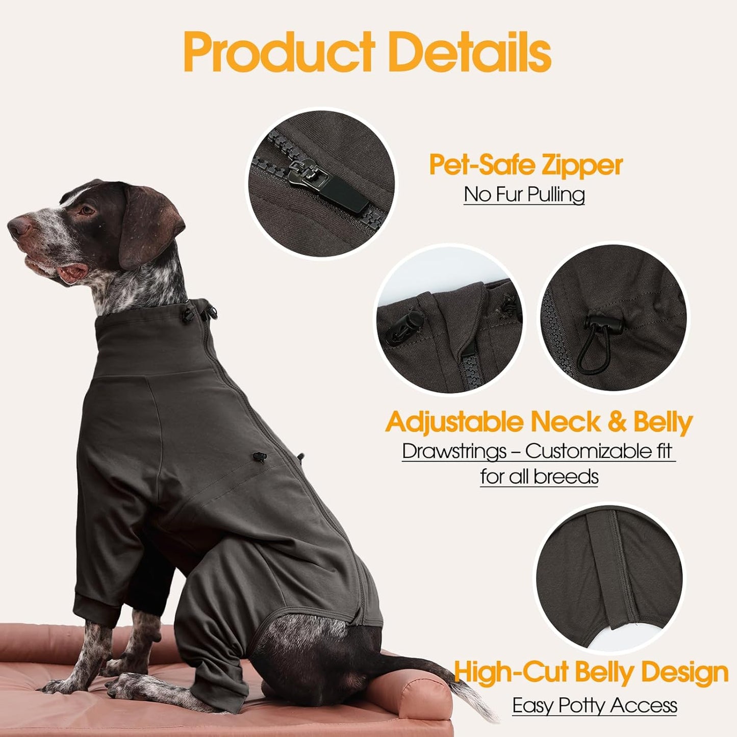 Dog Pajamas for Large Breeds with Back Zipper, Stretchy Pjs for Pets Boys & Girls, Long Sleeve Anti-Licking Recovery Suit for Dogs, Dog E-Collar Alternative for Weimaraner, Dalmatian, Grey XL