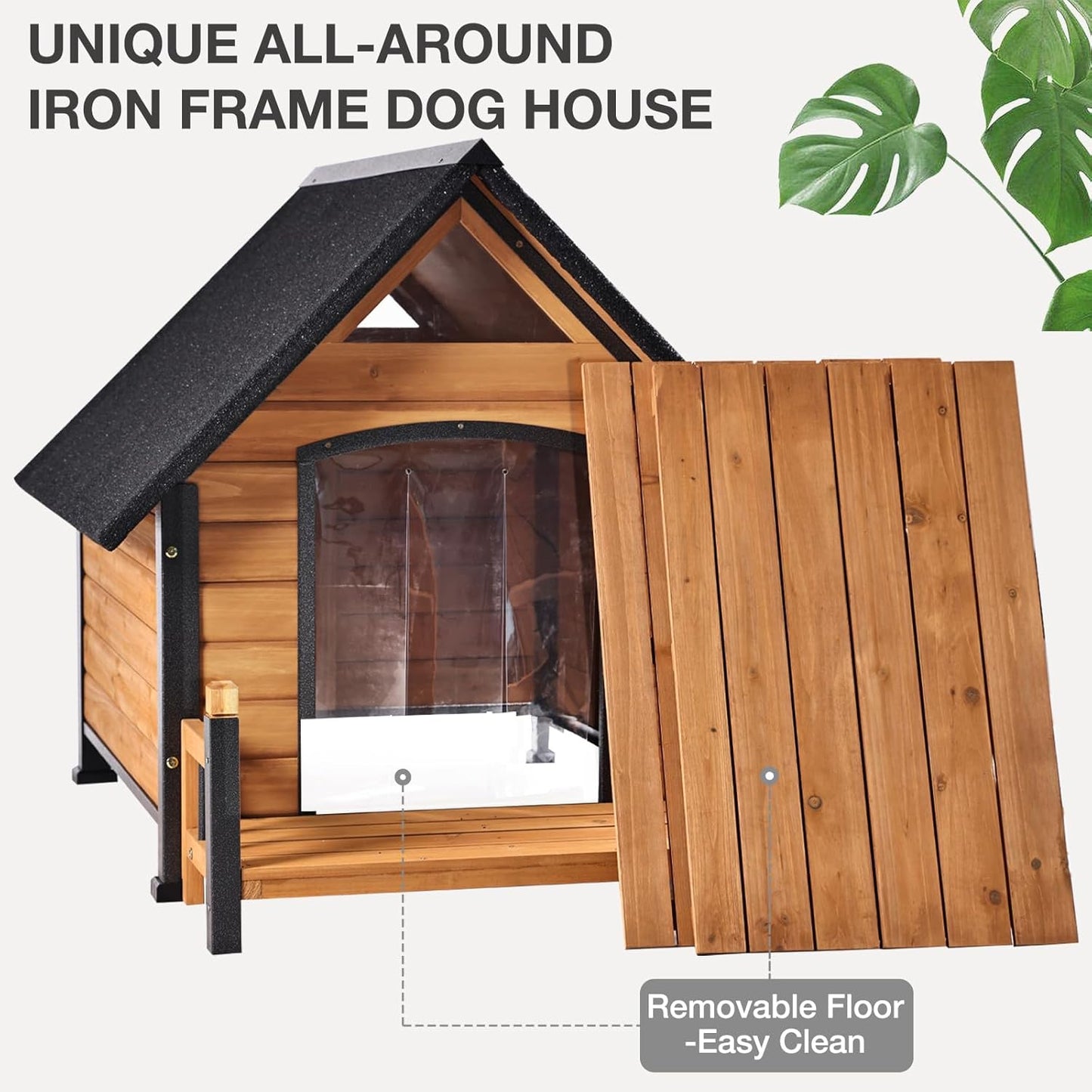 Large Dog House Outdoor Indoor All-Around Iron Frame Design Dog House with Porch＆Raised Feet for Small Medium Large Dogs（Brown）
