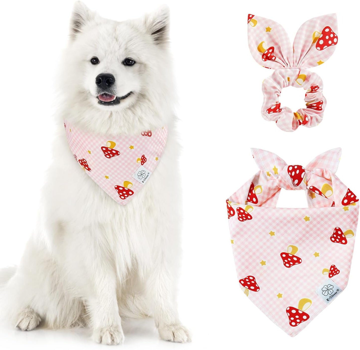 E-Clover Pink Buffalo Plaid Dog Bandanas & Matching Scrunchie Set Cute Dog Scarf Bibs Girl Pet Bandana with Bow Tie for Medium Large Dogs Owner Mom