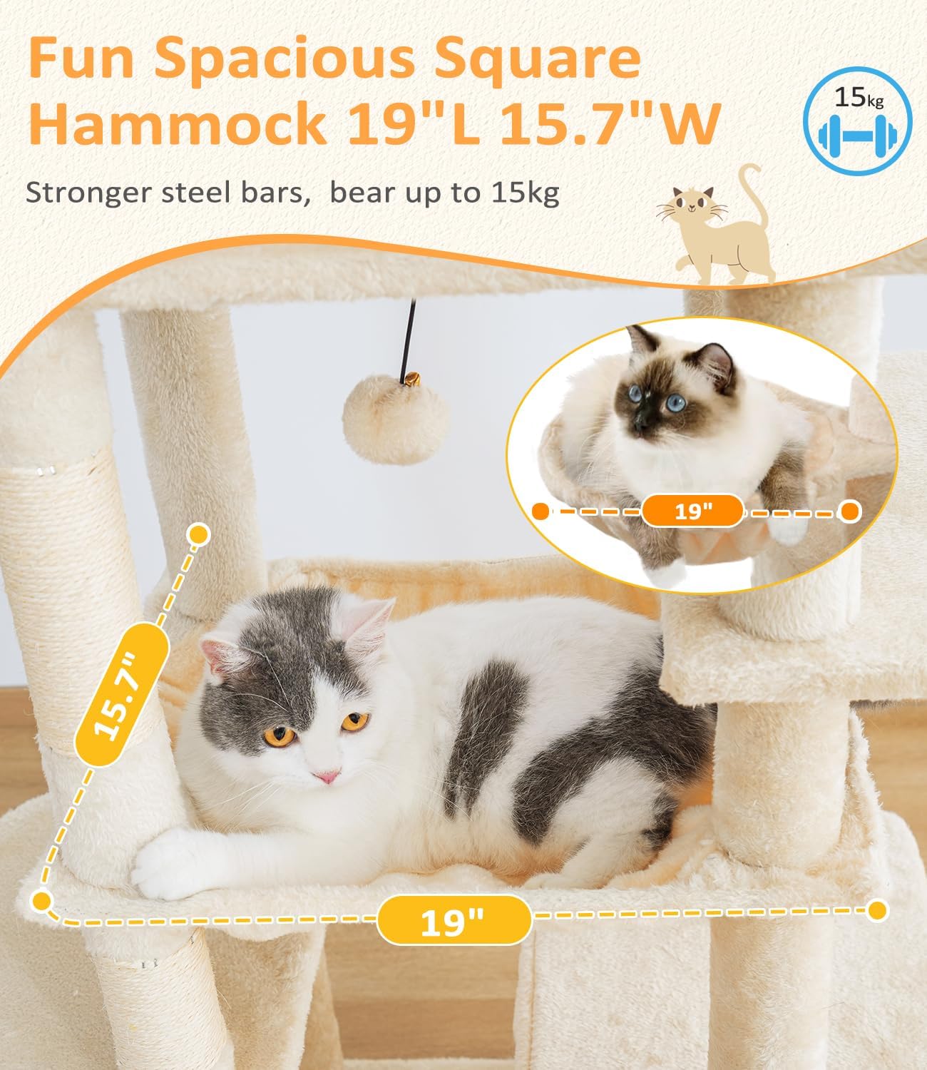 Cat Tree Large Cat Tower Tree 68" Multi-Level Cat Tower for Indoor Cats with Sisal Scratching Posts, Widen Cat Perche, Square Hammock, 2 Widen Condos, Scratching Posts, Beige