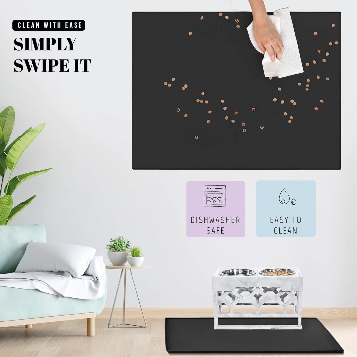 AVERYDAY 32x24'' Silicone Dog Mat for Food and Water, 0.63'' Edge Dog Food Bowl Mats for Floor Waterproof, Dogs Water Mat for Sloppy Drinker, Non Slip Rubber Pet Feeding Mats for Indoor Dogs and Cats