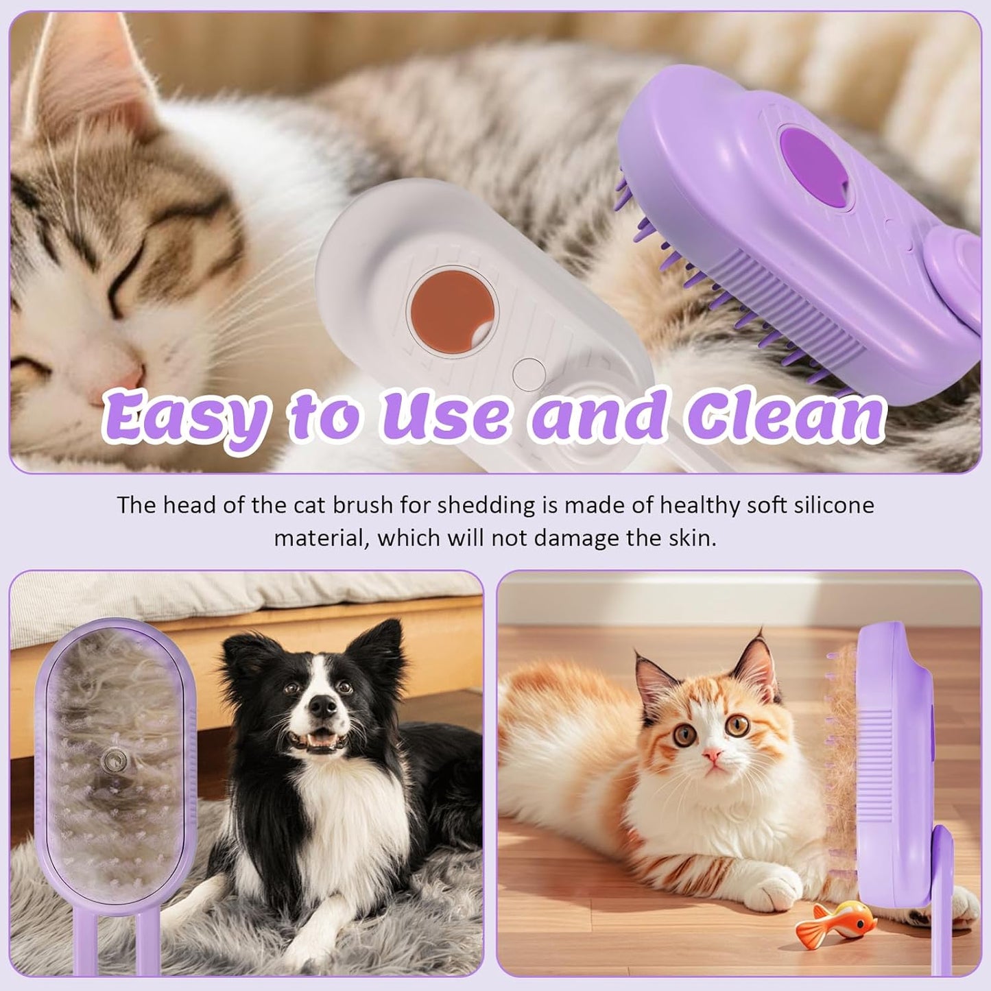 4 in 1 Cat & Dog Steam Brush for Long/Short Hair Shedding - Rechargeable Pet Grooming Brush with Anti-Static Steam Spray, Foldable Handle & Dual Massage Modes for Home Pet Spa Cleaning