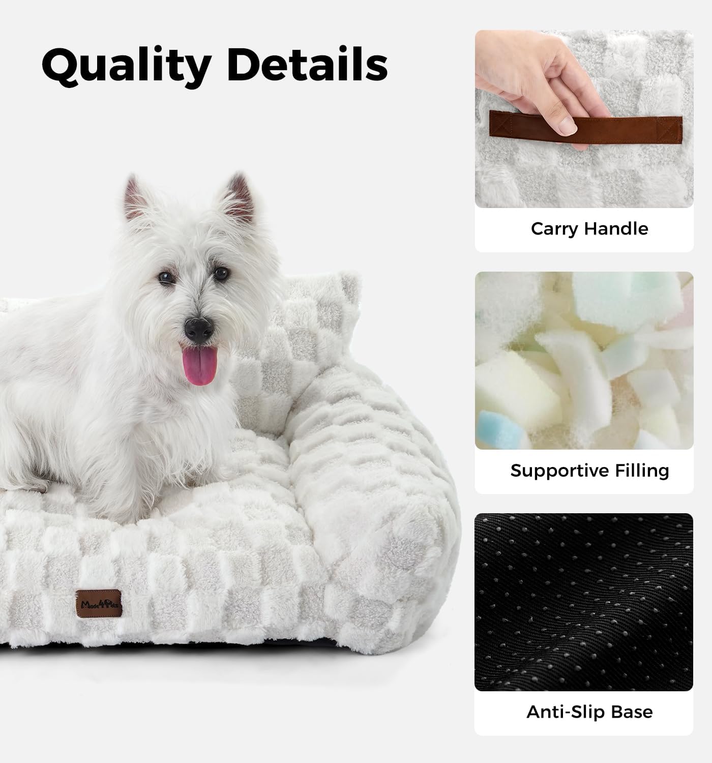 Made4Pets Cat and Dog Couch Bed, Soft Faux Fur Checkered Pet Sofa, Cozy Fluffy Pet Sofa with Supportive Foam, Removable Washable Cover with Non-Slip Base, White, Medium