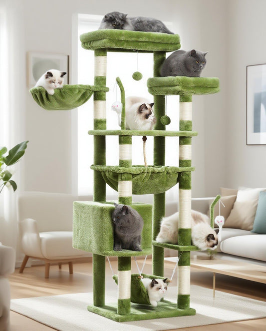 Cat Tree, Cat Tower for Large Cats with 2 Big Platforms, 2 Baskets, condo and Toys, 63" Cat Scratching Posts for Indoor Cats, Green GCT020GR