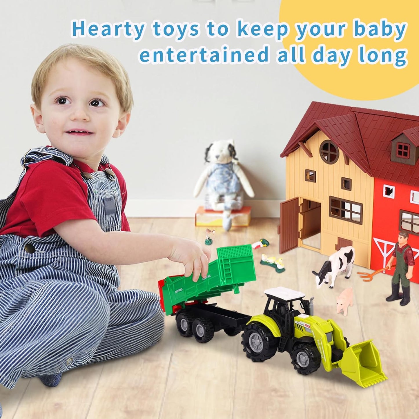 Farm Animals Figurines Toys -140 pcs Toy Set Barn Toy Horse Stable Tractor Trailer Windmill Farmer Fence Playset for Kids Toddlers Boy Girl 3-7 Years Old