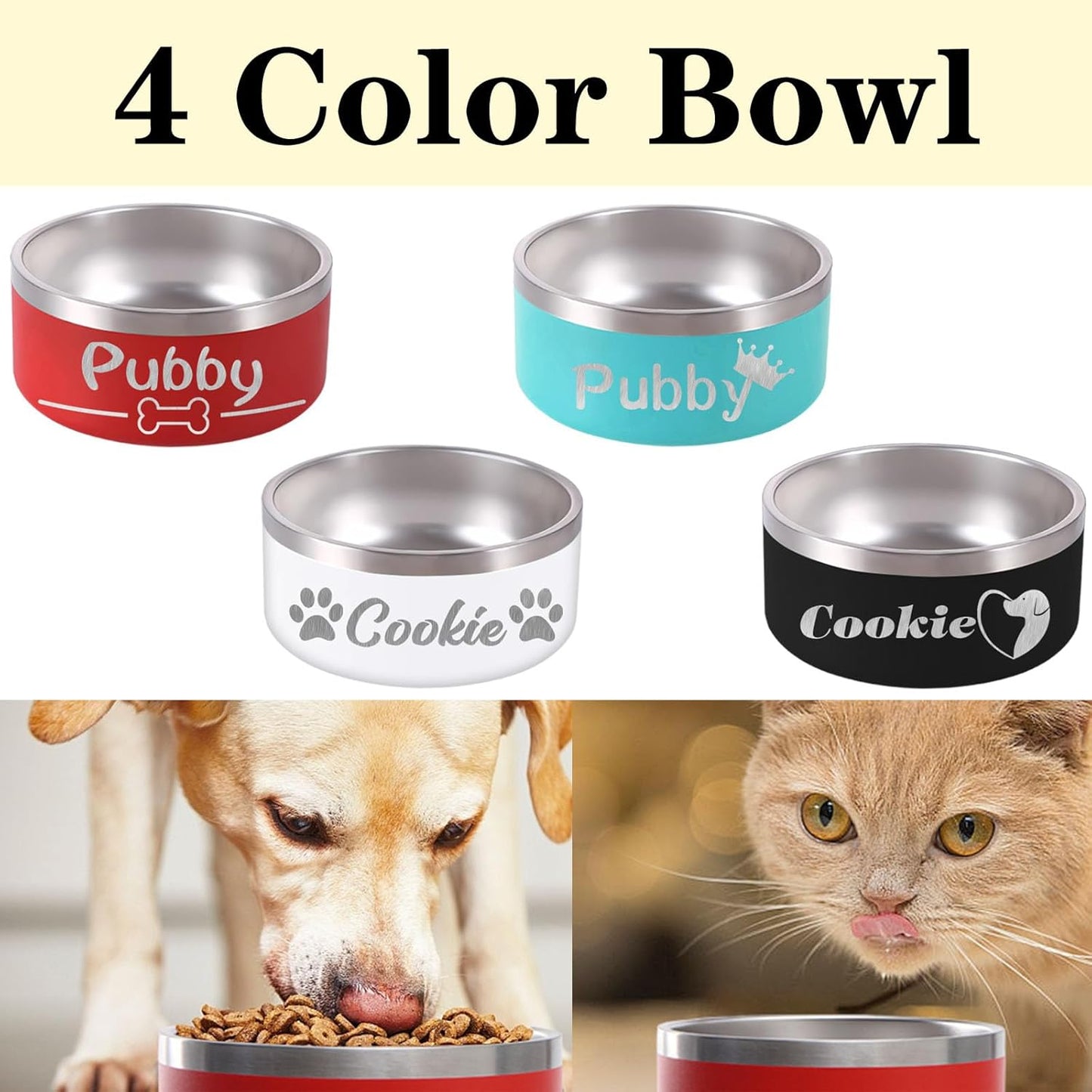 64OZ Personalized Dog Bowl Laser Engraved Custom Pet Name 18/32/42/64 oz No Slip Stainless Steel Insulated Bite-Resistant Food Water Dishes-Black